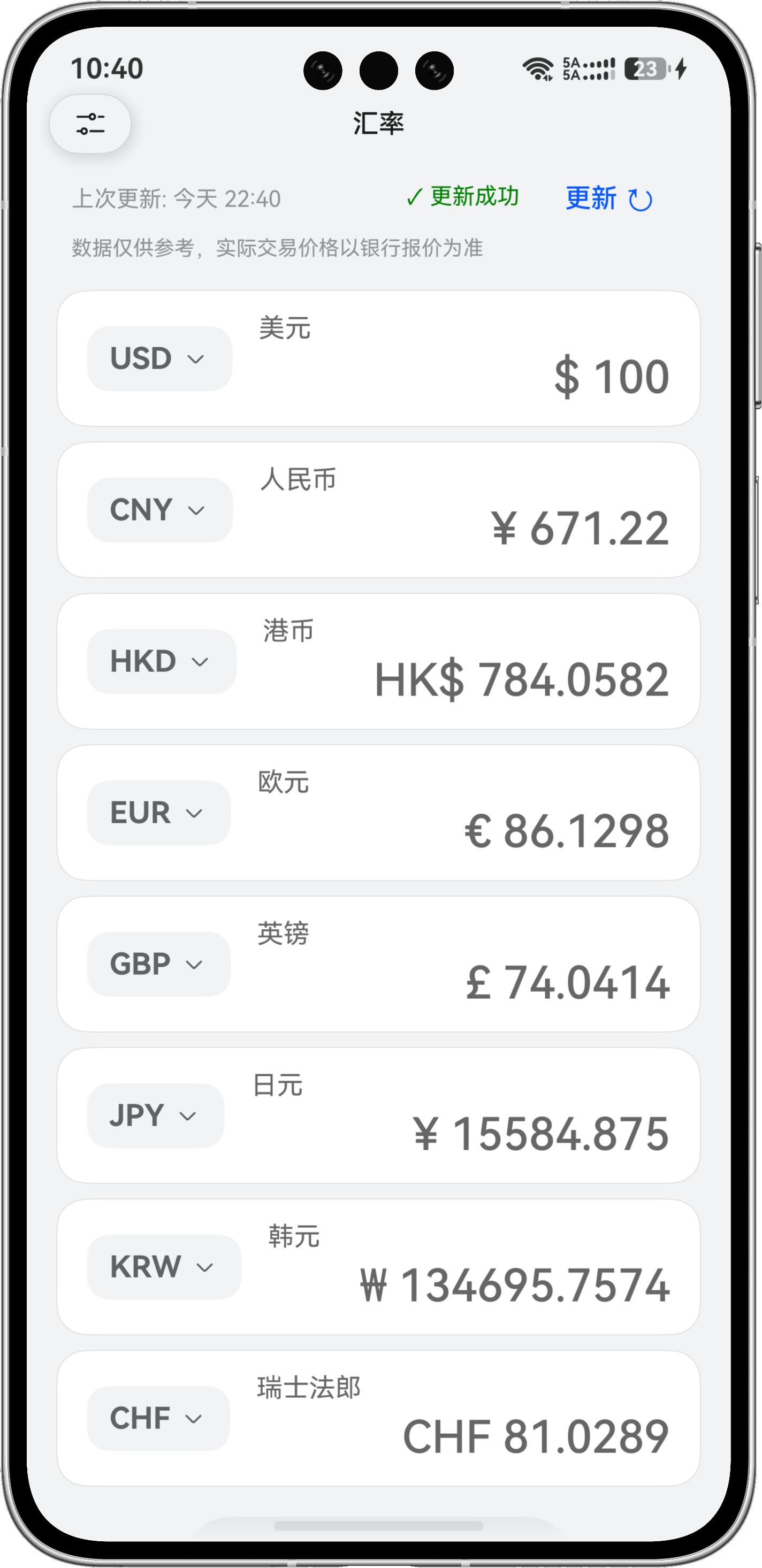 CalculatorX 汇率换算界面，展示多种货币的同步换算结果